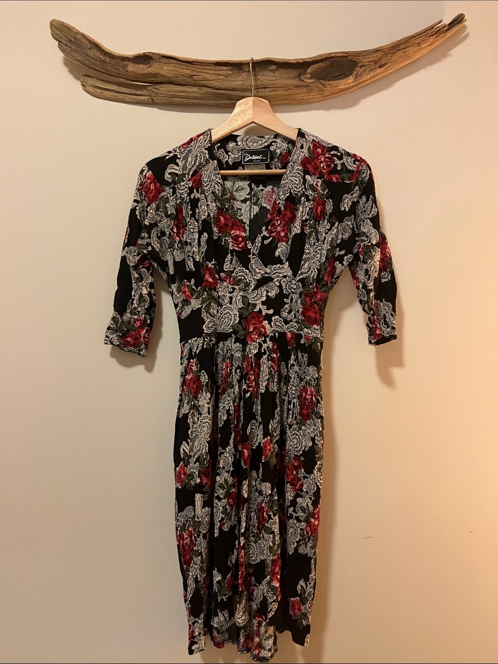 Vintage Black Floral Midi Dress with Red Roses 🌹
